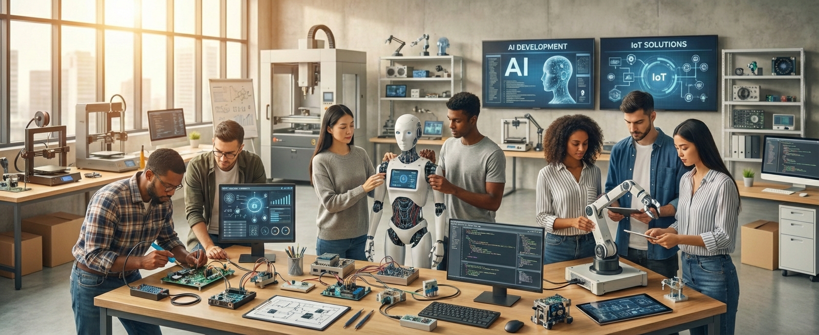 University students working in an AI lab with robotics