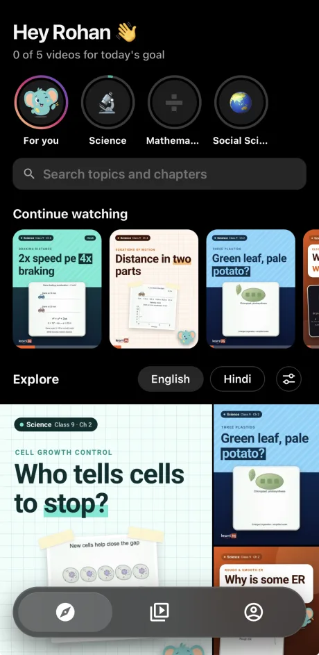 The Learnijoy app’s home screen: today’s video goal, subject circles, Continue watching and an Explore grid of chapter videos in English or Hindi