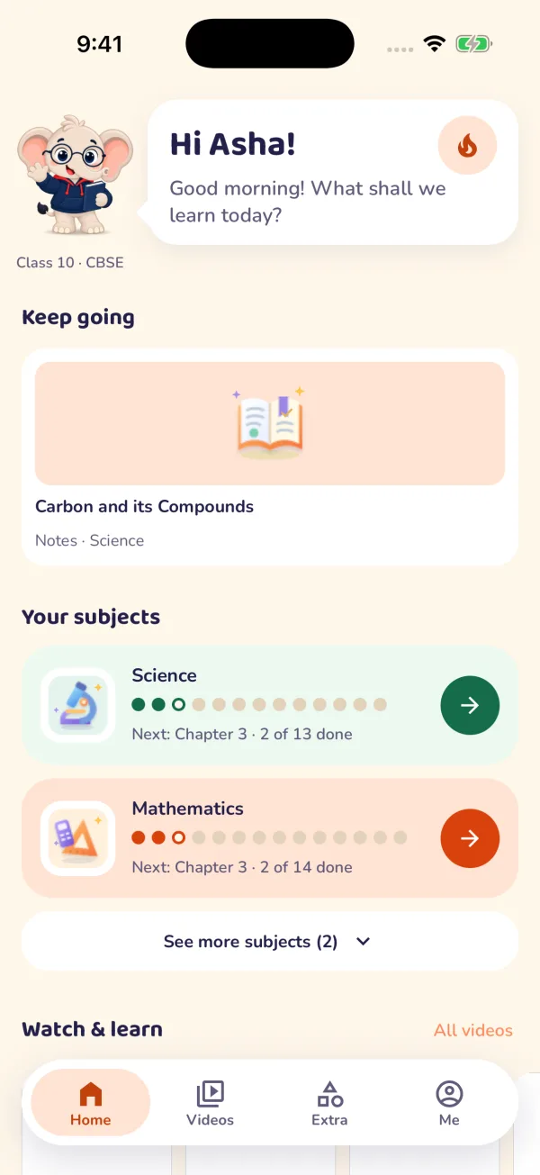 The Learnijoy app Home screen: Joy says hello, a Keep going card and subject progress for Science and Mathematics.