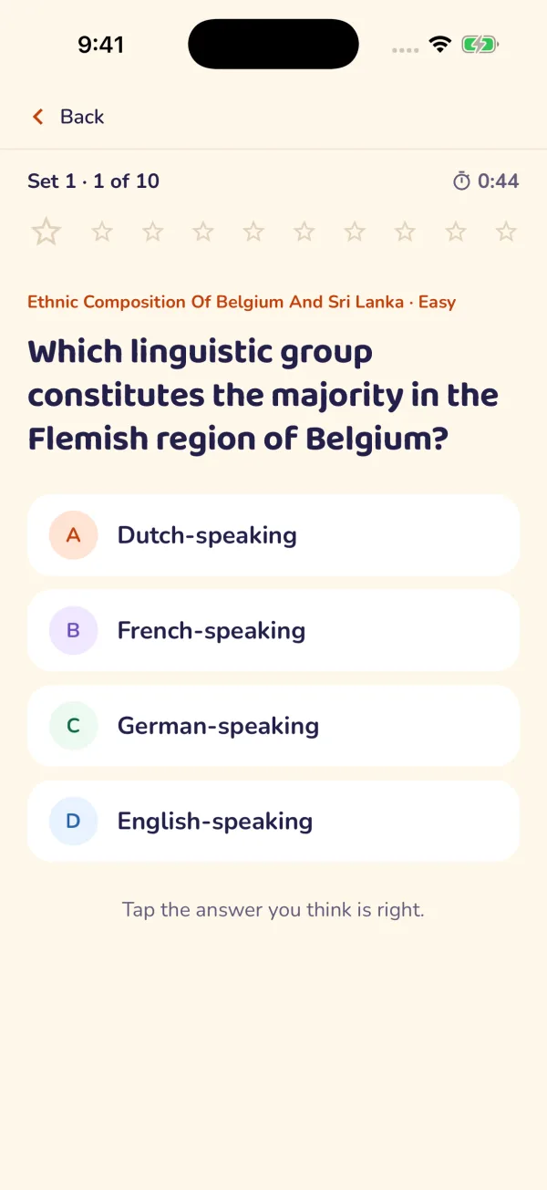 A quiz question in the Learnijoy app with four answer choices, a timer and a row of stars for the set.