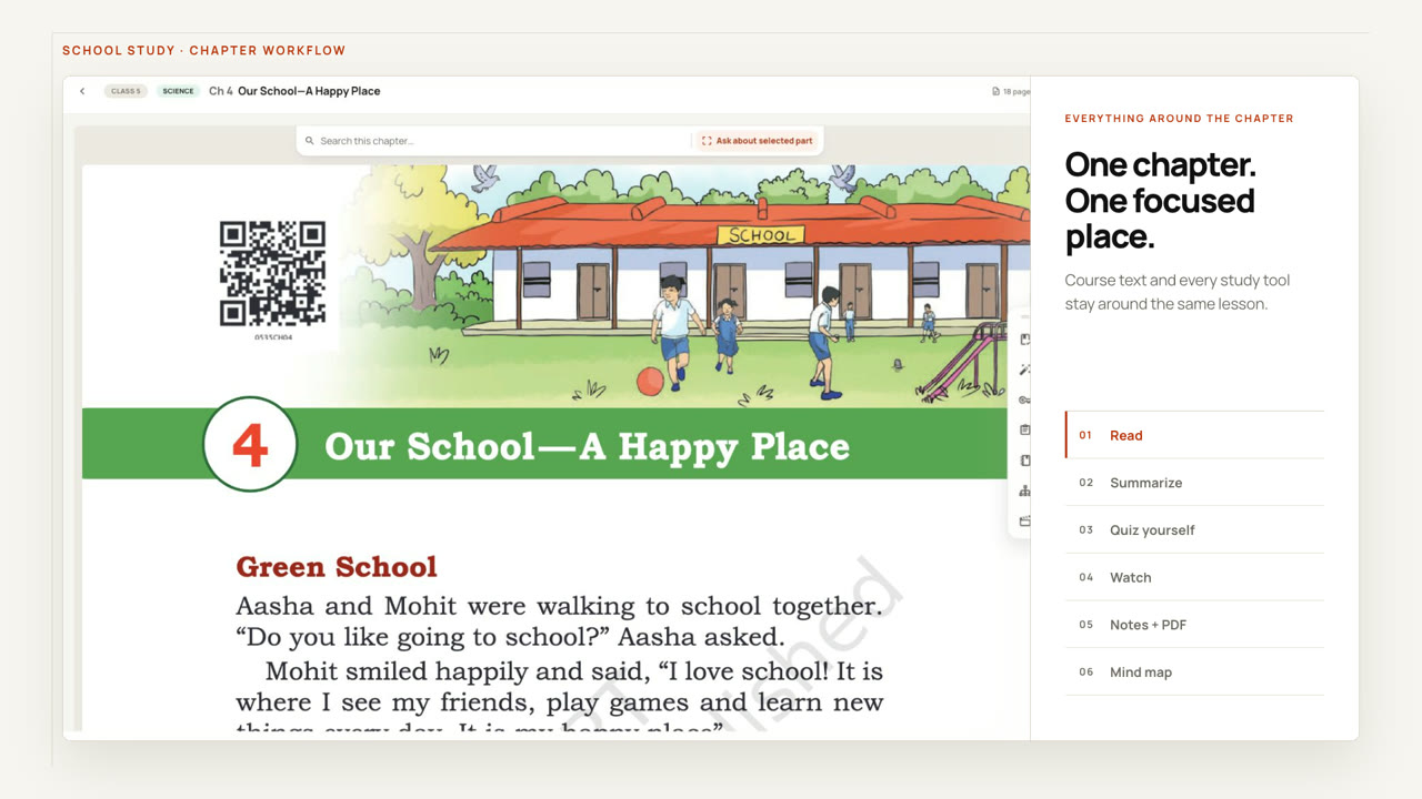 Learnijoy Library workspace with a textbook and study tools