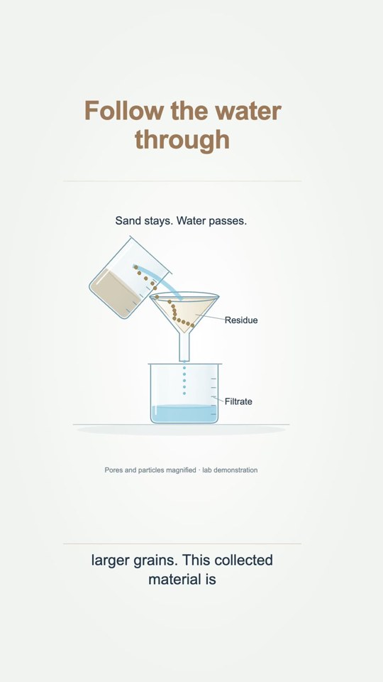 A real lesson frame showing filter paper separating sand from water.
